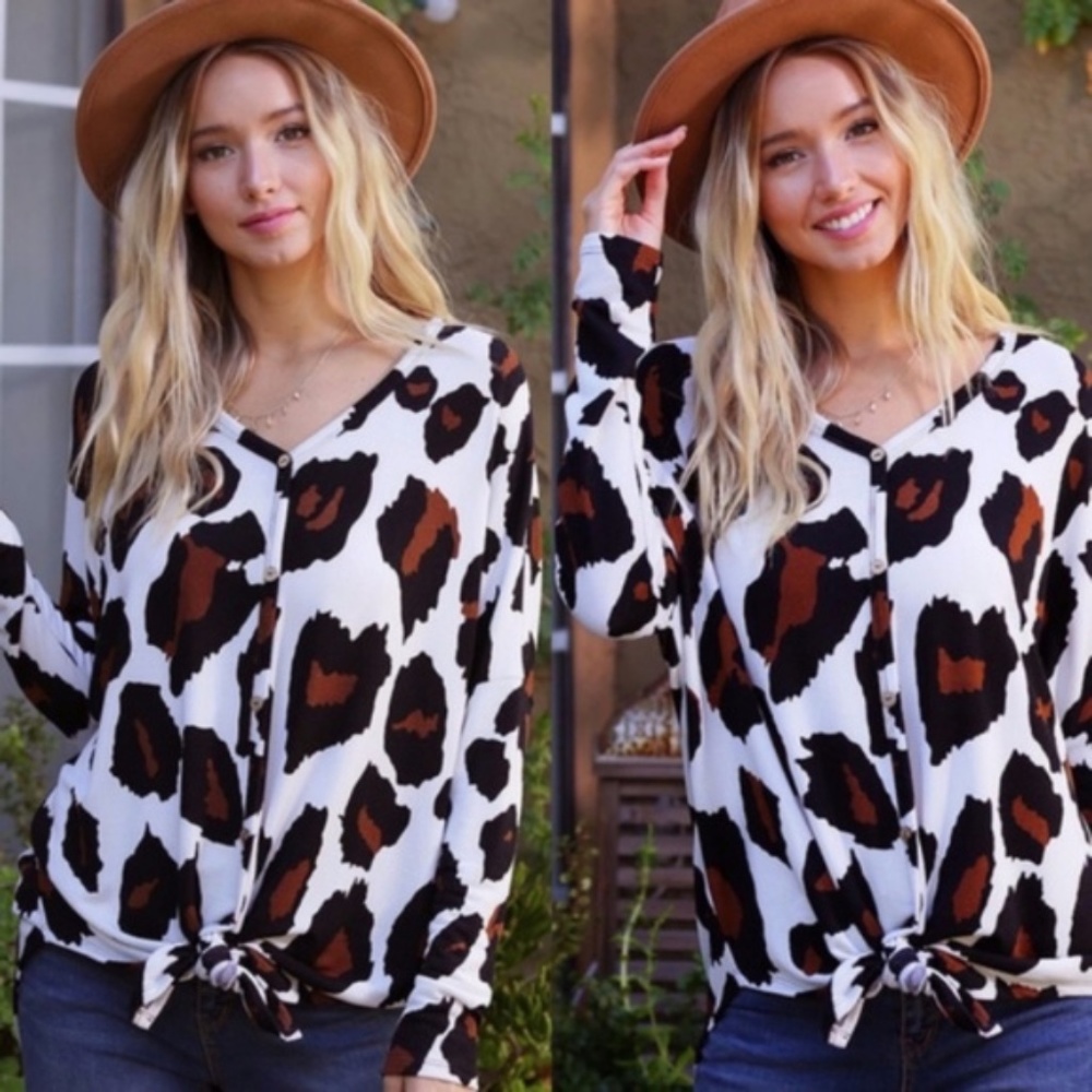 Leopard Print Front Tie Button Down Top